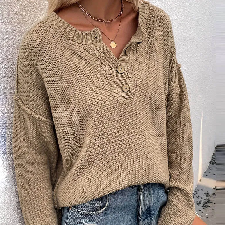 Autumn Winter Women Fashion V-Neck Button Long Sleeve Knitted Sweater