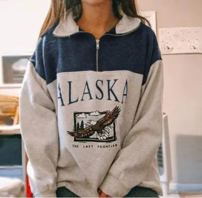Autumn Winter Women Fashion Eagle Letter Print Half Zip Pullover Sweatshirt