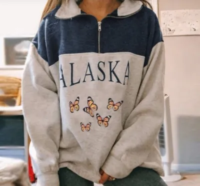 Autumn Winter Women Fashion Eagle Letter Print Half Zip Pullover Sweatshirt