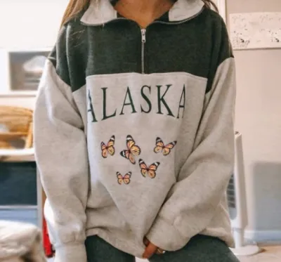 Autumn Winter Women Fashion Eagle Letter Print Half Zip Pullover Sweatshirt