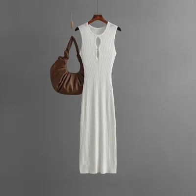 Summer Women Fashion Sexy Knitted Hollow Round Neck Sleeveless Slim Fit Dress