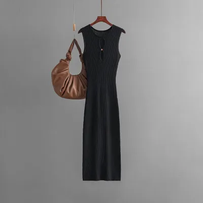 Summer Women Fashion Sexy Knitted Hollow Round Neck Sleeveless Slim Fit Dress