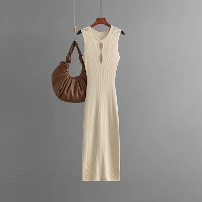 Summer Women Fashion Sexy Knitted Hollow Round Neck Sleeveless Slim Fit Dress