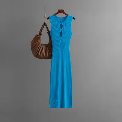 Summer Women Fashion Sexy Knitted Hollow Round Neck Sleeveless Slim Fit Dress