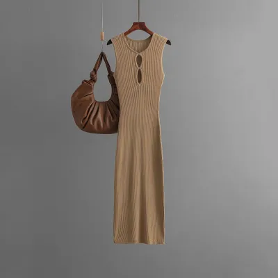 Summer Women Fashion Sexy Knitted Hollow Round Neck Sleeveless Slim Fit Dress