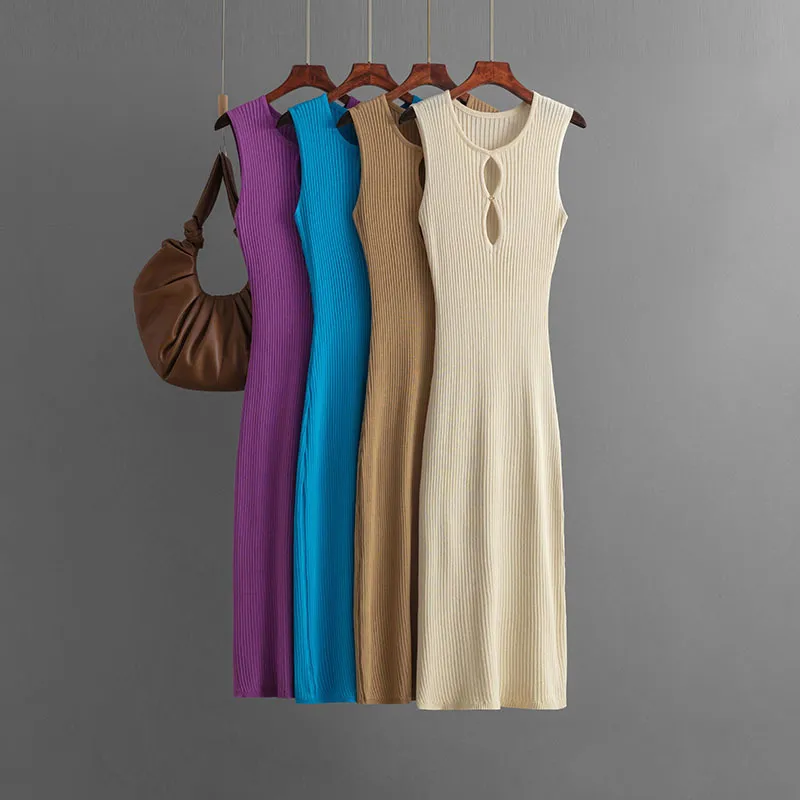 Summer Women Fashion Sexy Knitted Hollow Round Neck Sleeveless Slim Fit Dress