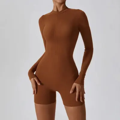 Women Casual Solid Color Milk Fiber Long Sleeve Rompers with Zipper