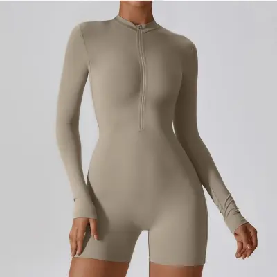 Women Casual Solid Color Milk Fiber Long Sleeve Rompers with Zipper