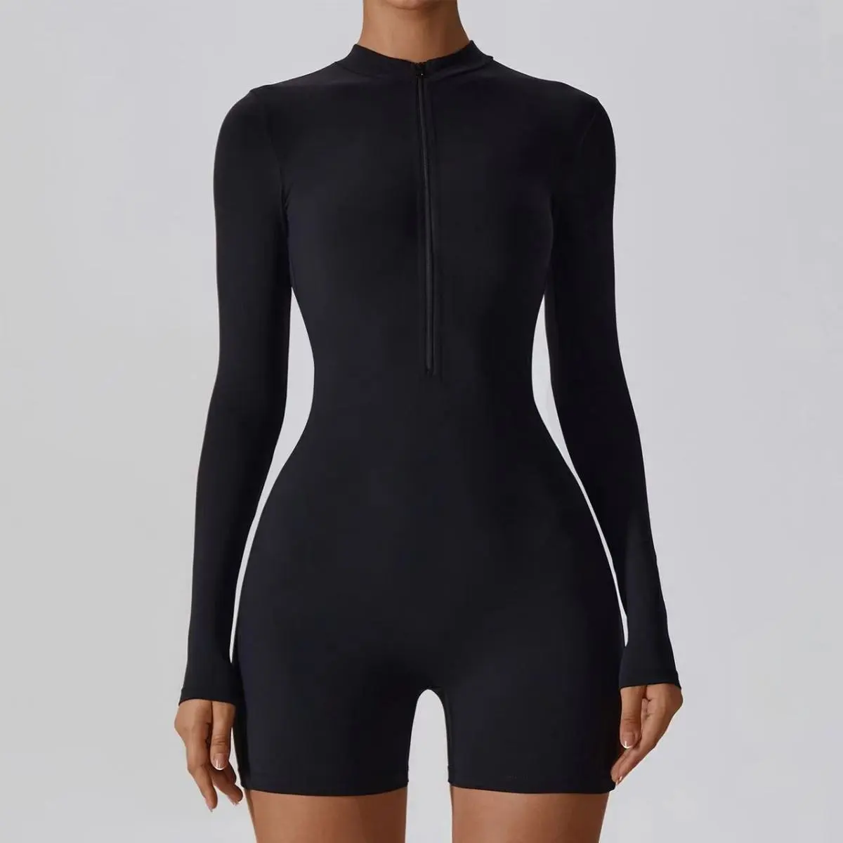 Women Casual Solid Color Milk Fiber Long Sleeve Rompers with Zipper