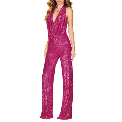 Summer Women Fashion Sexy Deep V Halter Neck Sequin Sleeveless Jumpsuit