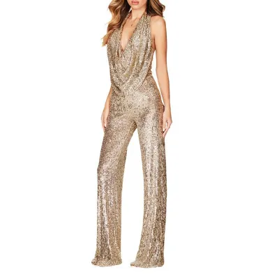 Summer Women Fashion Sexy Deep V Halter Neck Sequin Sleeveless Jumpsuit