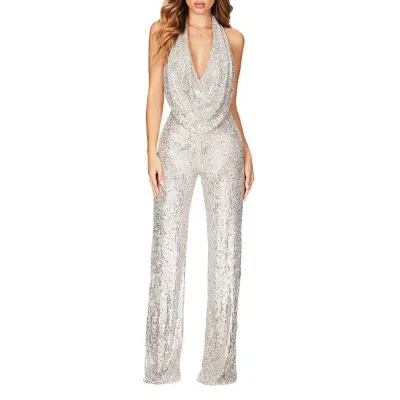 Summer Women Fashion Sexy Deep V Halter Neck Sequin Sleeveless Jumpsuit