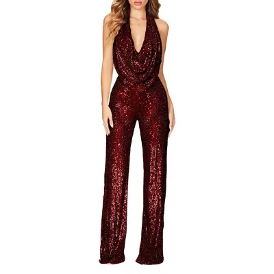 Summer Women Fashion Sexy Deep V Halter Neck Sequin Sleeveless Jumpsuit