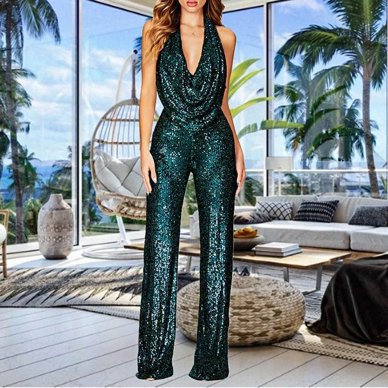 Summer Women Fashion Sexy Deep V Halter Neck Sequin Sleeveless Jumpsuit