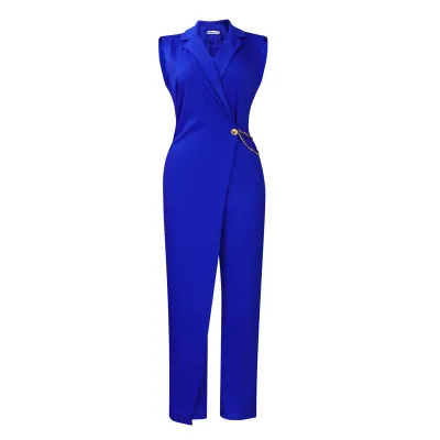 Women Fashion Sexy Deep V Blazer Collar Sleeveless Wide Leg Jumpsuits