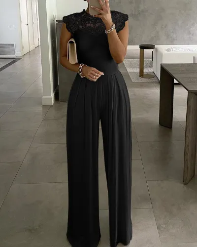 Women Fashion Loose Lace Solid Color Jumpsuits