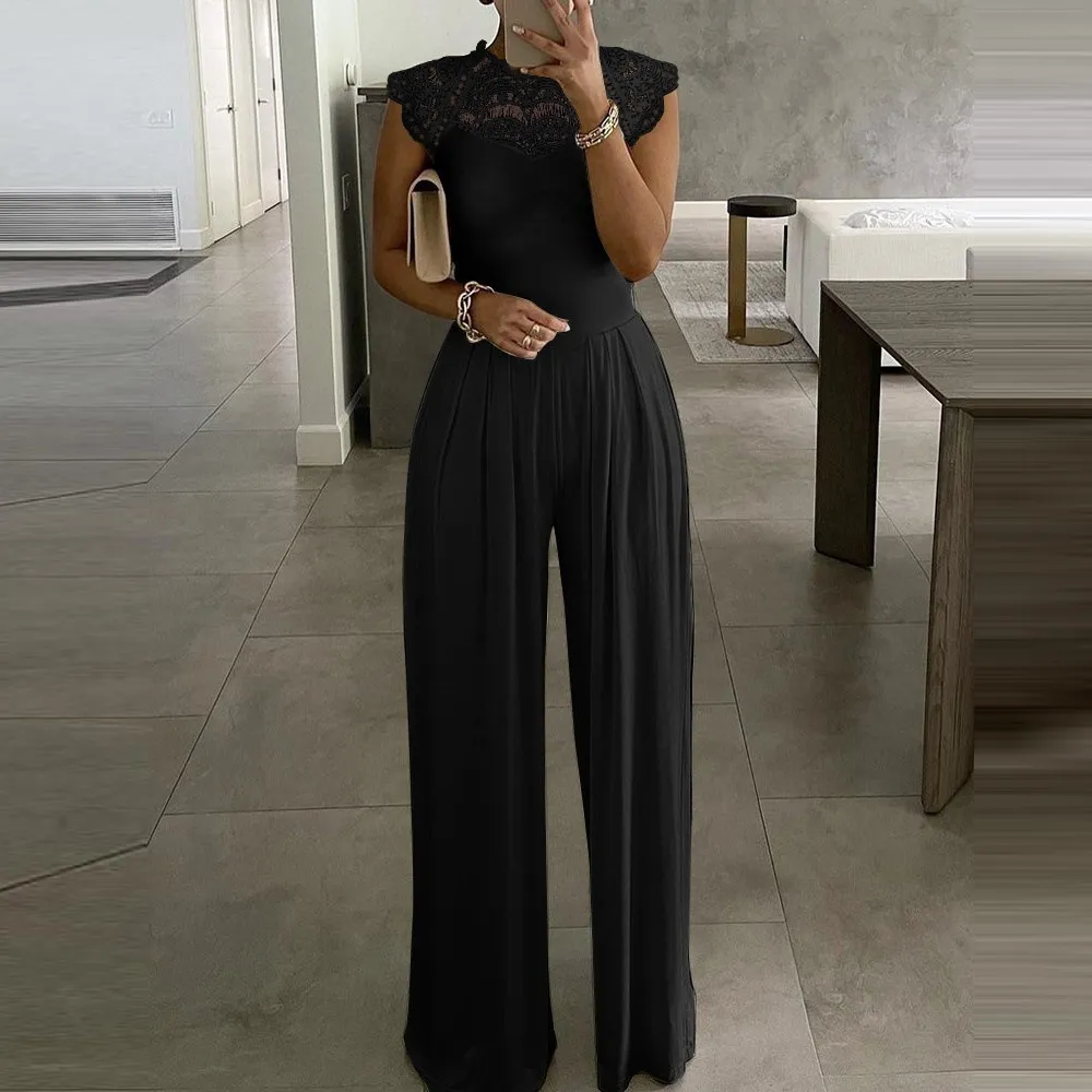 Women Fashion Loose Lace Solid Color Jumpsuits