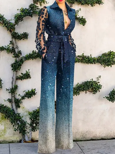 Women Fashion Sexy Lace Stitching Lapel Long Sleeve Jumpsuits