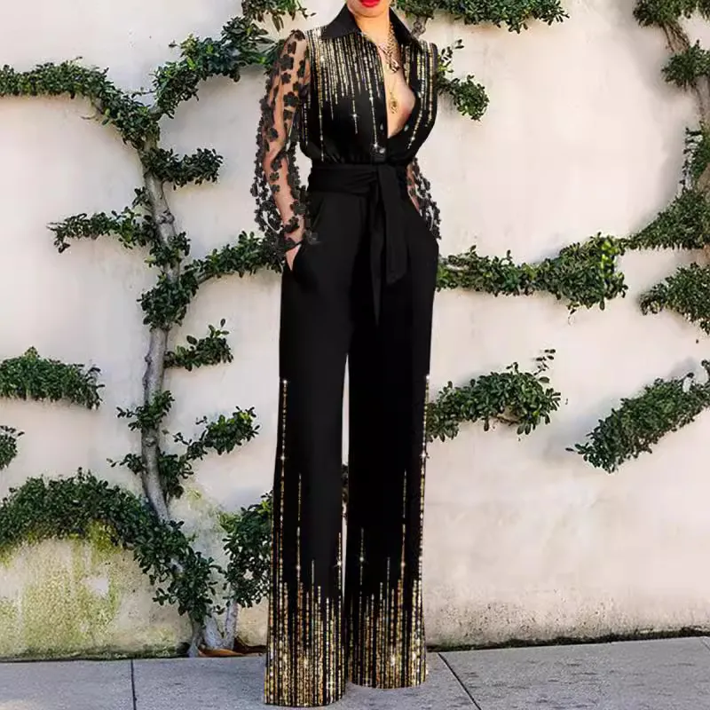 Women Fashion Sexy Lace Stitching Lapel Long Sleeve Jumpsuits