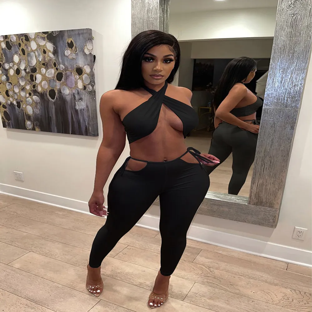 Women Sexy Fashion Solid Color Oblique Shoulder Crop Tank Top And Cut Out Skinny Pants Two Piece Set