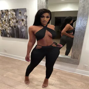 Women Sexy Fashion Solid Color Oblique Shoulder Crop Tank Top And Cut Out Skinny Pants Two Piece Set