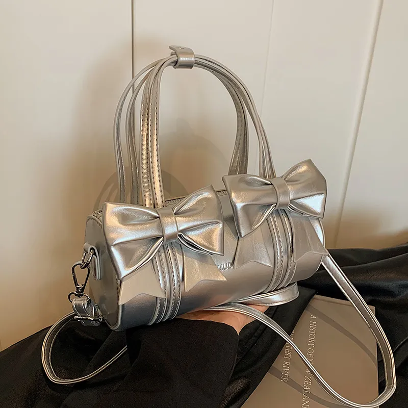 Women Fashion Bow Decorative Cylinder Zipper Handle Shoulder Bag