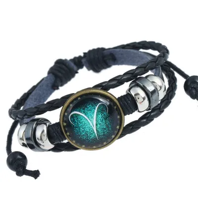 Twelve Constellation Vintage Leather Woven Bracelet Unisex