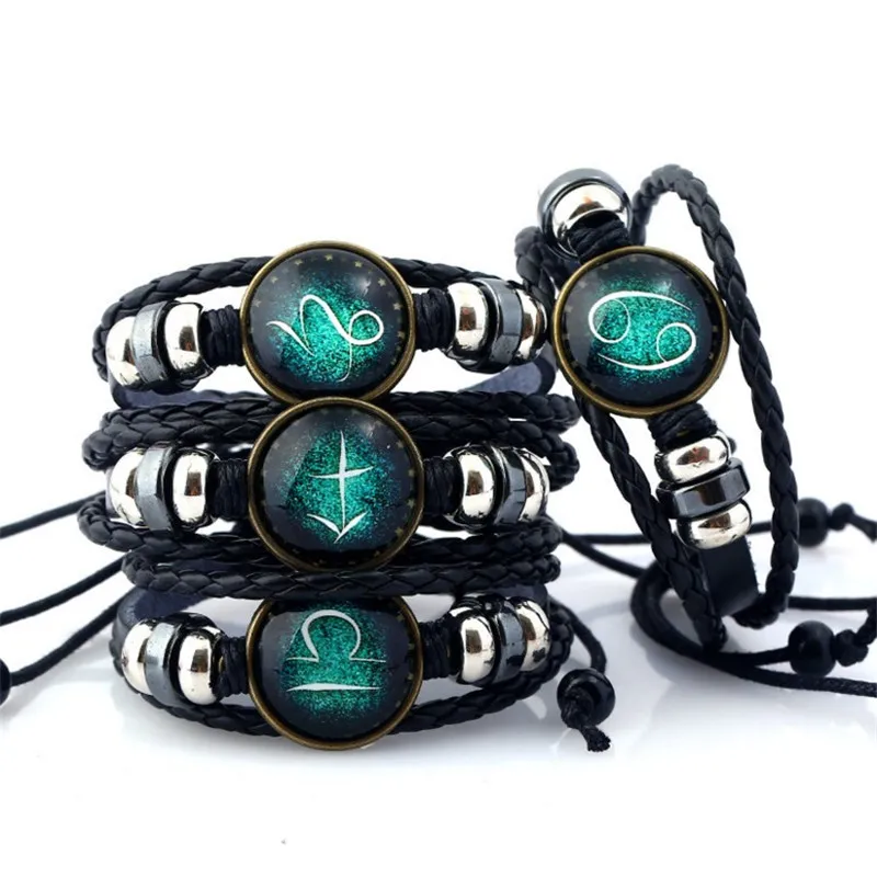 Twelve Constellation Vintage Leather Woven Bracelet Unisex