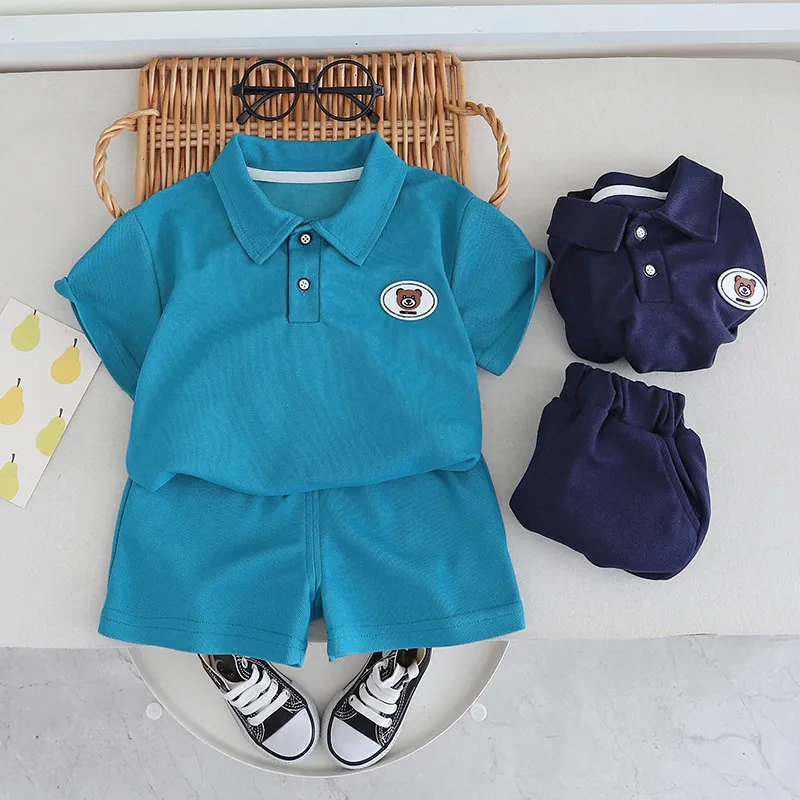 Kids Toddler Boys Fashion Casual Cartoon Pattern Short Sleeve Lapel POLO Shirt Shorts Set