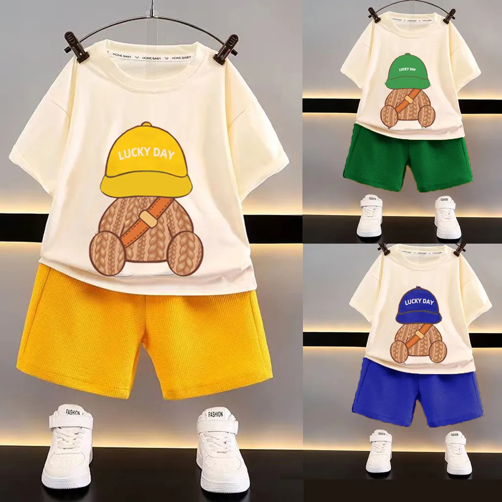 Kids Toddler Big Boys Casual Cute Cartoon Print Short Sleeve T-Shirt Shorts Set