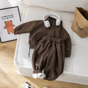 Kids Toddler Boys Girls Winter Casual Cute Solid Color Fleece Long Sleeve Sweatshirts Trousers Set