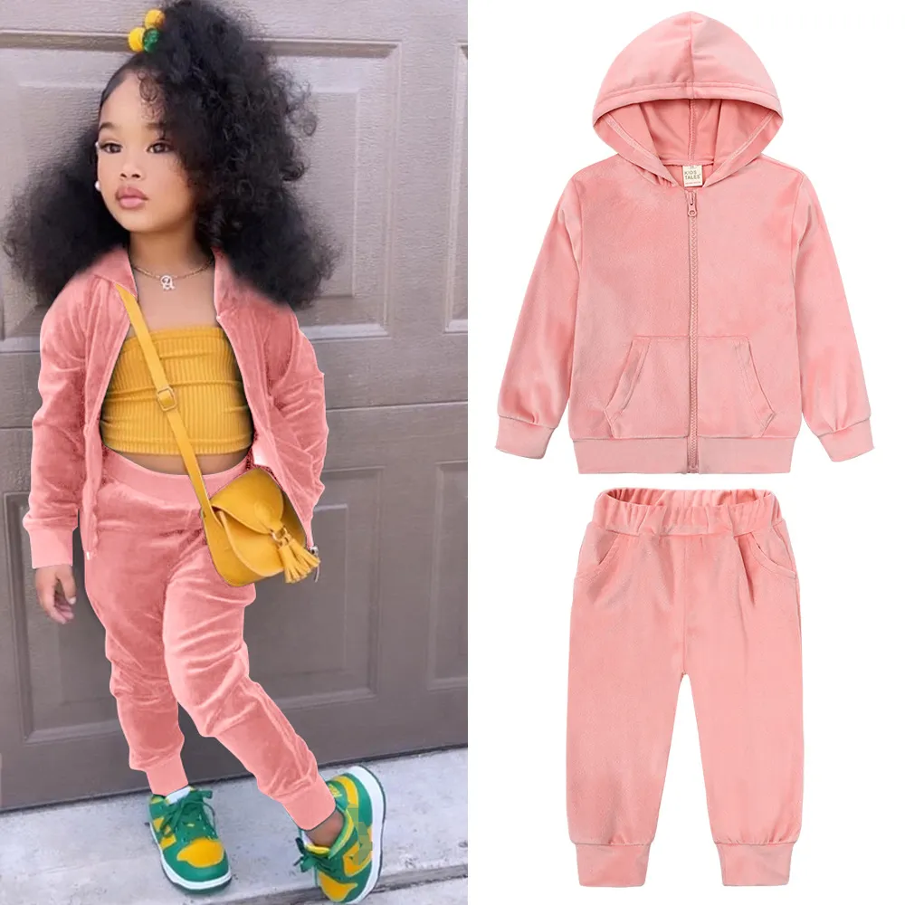 Kids Toddler Big Boys Girls Casual Cute Solid Color Gold Velvet Long Sleeve Hoodie Trousers Set
