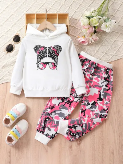 Kids Toddler Girls Cute Cartoon Print Long Sleeve Hoodies Camouflage Trousers Set
