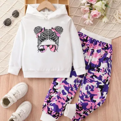 Kids Toddler Girls Cute Cartoon Print Long Sleeve Hoodies Camouflage Trousers Set