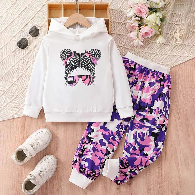Kids Toddler Girls Cute Cartoon Print Long Sleeve Hoodies Camouflage Trousers Set