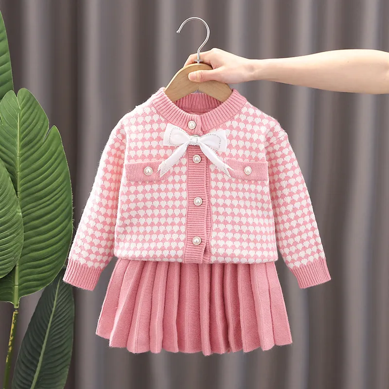 Kids Toddler Girls Casual Cute Bow Long Sleeve Cardigan Knitted Plaid Skirt Set Two-Piece