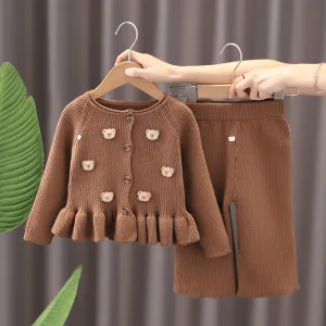 Kids Toddler Girls Casual Cute Cartoon Bear Long Sleeve Cardigan Knitted Two Piece Trousers Set