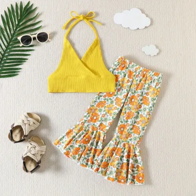 Kids Toddler Girls Casual Cute Solid Color Sleeveless Camisole Tiny Flower Flare Trousers Set