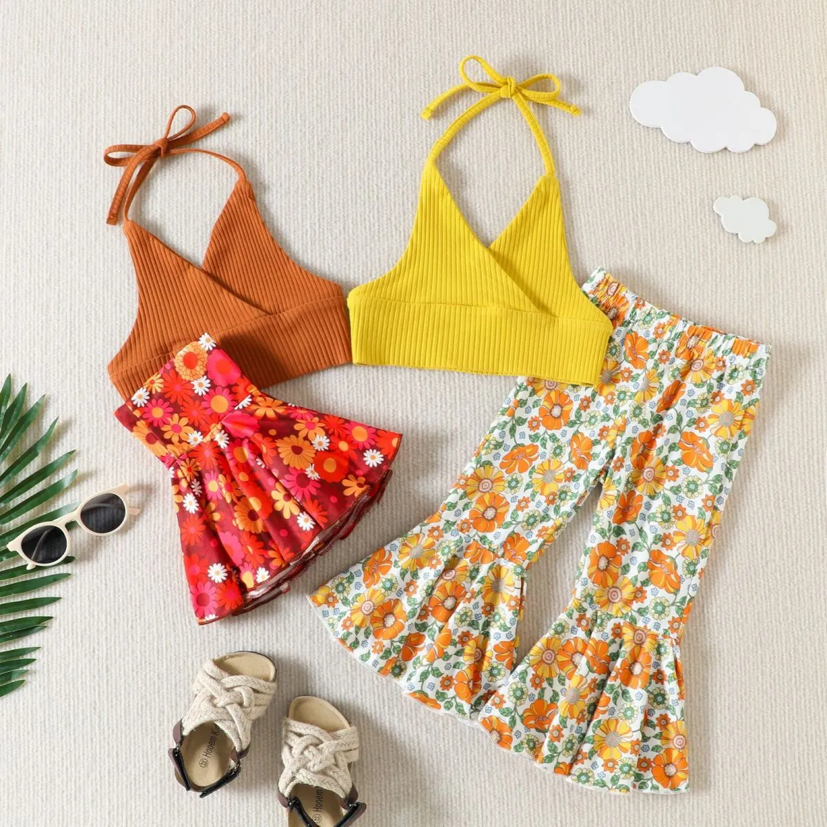 Kids Toddler Girls Casual Cute Solid Color Sleeveless Camisole Tiny Flower Flare Trousers Set