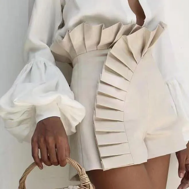 Summer Women Fashion Solid Color Pleated Lace High Waist Zipper Shorts