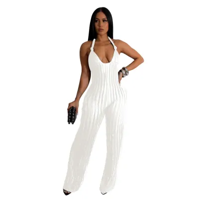 Summer Women Sexy Solid Color Halter Neck Backless Deep V Creased Jumpsuits