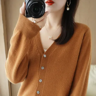 Autumn Winter Women Solid Color Button V-Neck Cardigan Sweater Jacket