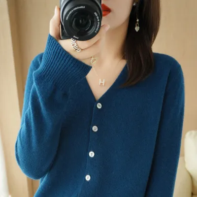 Autumn Winter Women Solid Color Button V-Neck Cardigan Sweater Jacket
