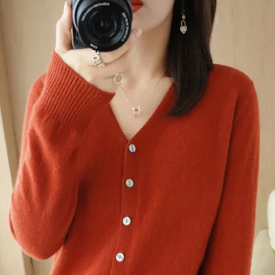Autumn Winter Women Solid Color Button V-Neck Cardigan Sweater Jacket