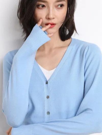 Autumn Winter Women Solid Color Button V-Neck Cardigan Sweater Jacket