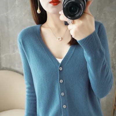 Autumn Winter Women Solid Color Button V-Neck Cardigan Sweater Jacket
