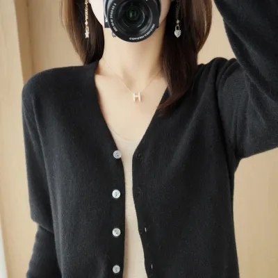 Autumn Winter Women Solid Color Button V-Neck Cardigan Sweater Jacket
