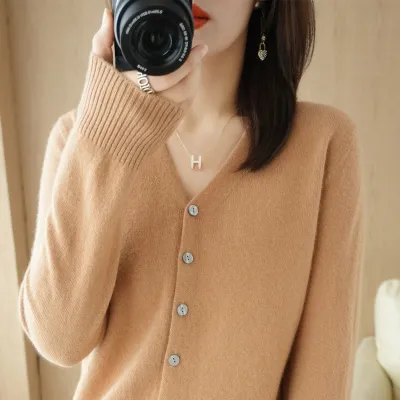 Autumn Winter Women Solid Color Button V-Neck Cardigan Sweater Jacket