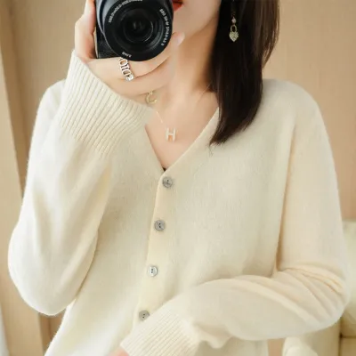 Autumn Winter Women Solid Color Button V-Neck Cardigan Sweater Jacket