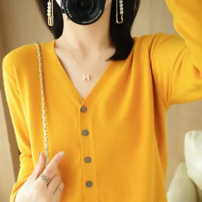 Autumn Winter Women Solid Color Button V-Neck Cardigan Sweater Jacket
